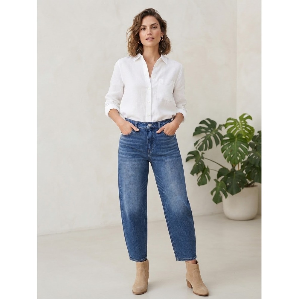 Quince Bella Stretch Barrel Jeans Atlantic Blue High Rise Size 29 Minimalist